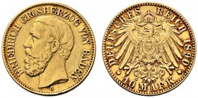 Reichsgoldmünzen. Baden. Friedrich I. 1852-1907. 10 Mark 1890 G. J. 188. kleine Kratzer und Randfehler, gutes sehr schön