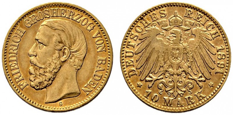 Reichsgoldmünzen. Baden. Friedrich I. 1852-1907. 10 Mark 1891 G. J. 188. sehr sc...