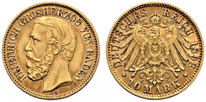 Reichsgoldmünzen. Baden. Friedrich I. 1852-1907. 10 Mark 1893 G. J. 188. sehr sc...