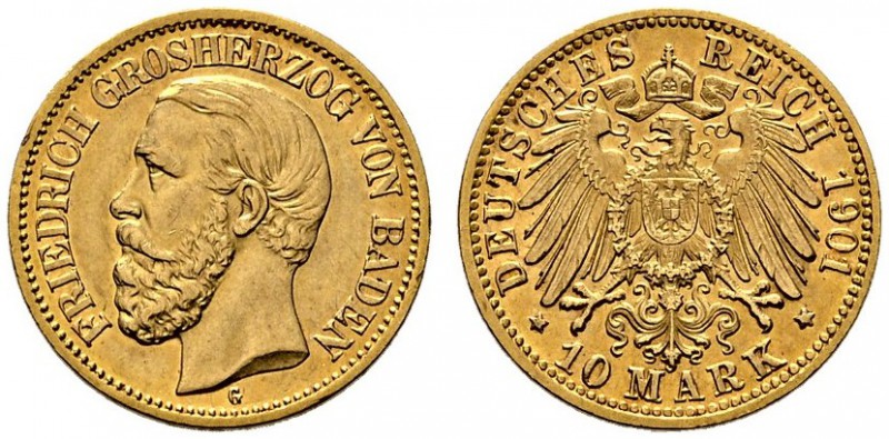 Reichsgoldmünzen. Baden. Friedrich I. 1852-1907. 10 Mark 1901 G. J. 188. winzige...