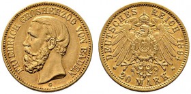 Reichsgoldmünzen. Baden. Friedrich I. 1852-1907. 20 Mark 1894 G. J. 189. fast vorzüglich