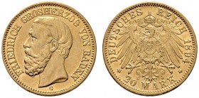 Reichsgoldmünzen. Baden. Friedrich I. 1852-1907. 20 Mark 1894 G. J. 189. leichte Kratzer auf dem Avers, minimale Randfehler, sehr schön-vorzüglich