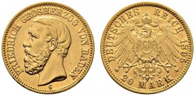 Reichsgoldmünzen. Baden. Friedrich I. 1852-1907. 20 Mark 1895 G. J. 189. minimaler Randfehler, sehr schön-vorzüglich