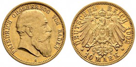 Reichsgoldmünzen. Baden. Friedrich I. 1852-1907. 10 Mark 1902 G. J. 190. besserer Jahrgang, vorzüglich