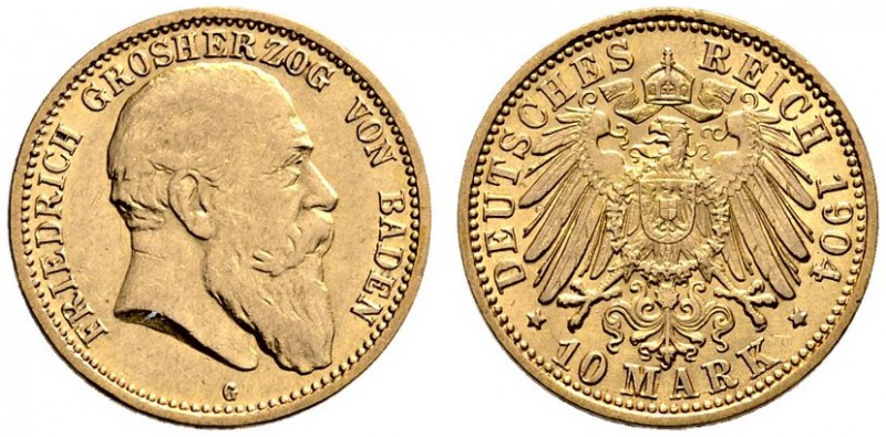 Reichsgoldmünzen. Baden. Friedrich I. 1852-1907. 10 Mark 1904 G. J. 190. leicht ...