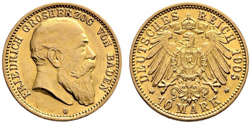 Reichsgoldmünzen. Baden. Friedrich I. 1852-1907. 10 Mark 1905 G. J. 190. bessere...