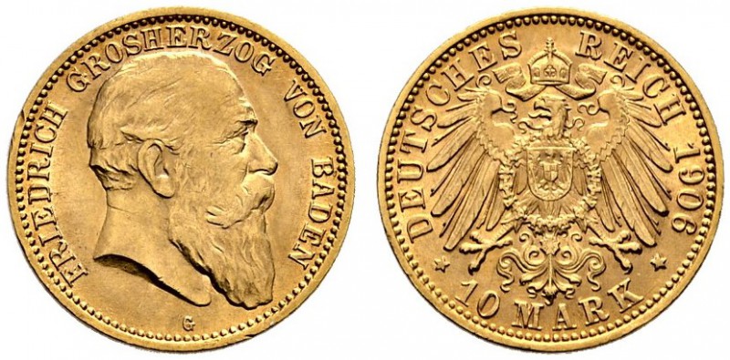 Reichsgoldmünzen. Baden. Friedrich I. 1852-1907. 10 Mark 1906 G. J. 190. minimal...