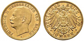 Reichsgoldmünzen. Baden. Friedrich II. 1907-1918. 10 Mark 1909 G. J. 191. winzige Randfehler, vorzüglich