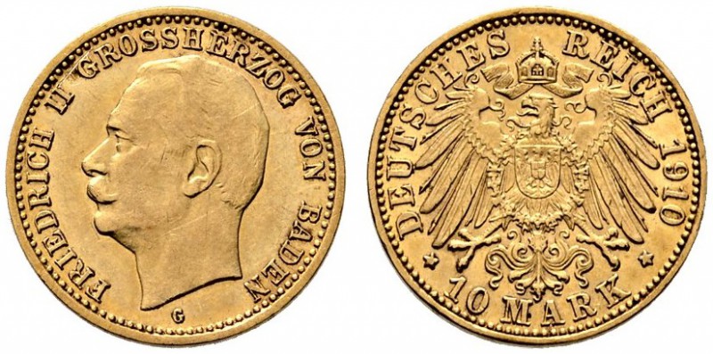 Reichsgoldmünzen. Baden. Friedrich II. 1907-1918. 10 Mark 1910 G. J. 191. sehr s...