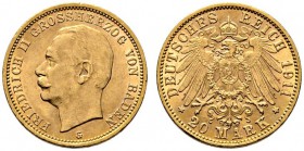 Reichsgoldmünzen. Baden. Friedrich II. 1907-1918. 20 Mark 1911 G. J. 192. minimale Randfehler und Kratzer, sehr schön-vorzüglich
