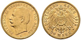 Reichsgoldmünzen. Baden. Friedrich II. 1907-1918. 20 Mark 1912 G. J. 192. kleine Randfehler und Kratzer, vorzüglich/vorzüglich-Stempelglanz