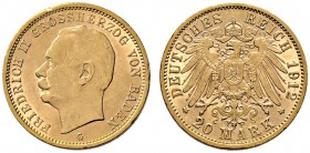 Reichsgoldmünzen. Baden. Friedrich II. 1907-1918. 20 Mark 1912 G. J. 192. leichte Kratzer und Randfehler, sehr schön-vorzüglich