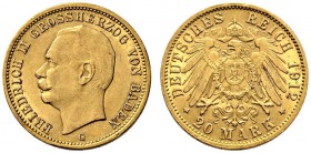 Reichsgoldmünzen. Baden. Friedrich II. 1907-1918. 20 Mark 1912 G. J. 192. kleine Randfehler, sehr schön-vorzüglich