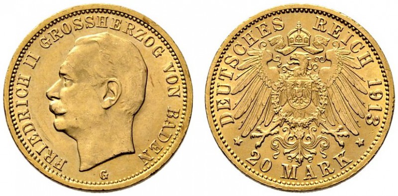 Reichsgoldmünzen. Baden. Friedrich II. 1907-1918. 20 Mark 1913 G. J. 192. kleine...