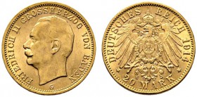 Reichsgoldmünzen. Baden. Friedrich II. 1907-1918. 20 Mark 1914 G. J. 192. minimale Kratzer, vorzüglich