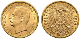 Reichsgoldmünzen. Baden. Friedrich II. 1907-1918. 20 Mark 1914 G. J. 192. winzige Kratzer, vorzüglich
