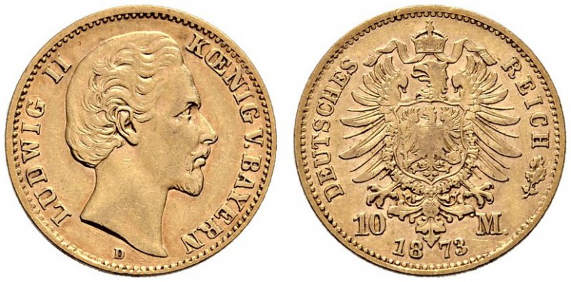 Reichsgoldmünzen. Bayern. Ludwig II. 1864-1886. 10 Mark 1873 D. J. 193. sehr sch...