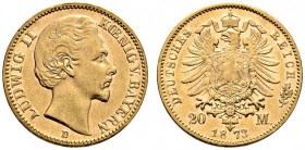 Reichsgoldmünzen. Bayern. Ludwig II. 1864-1886. 20 Mark 1873 D. J. 194. minimale Kratzer, sehr schön-vorzüglich