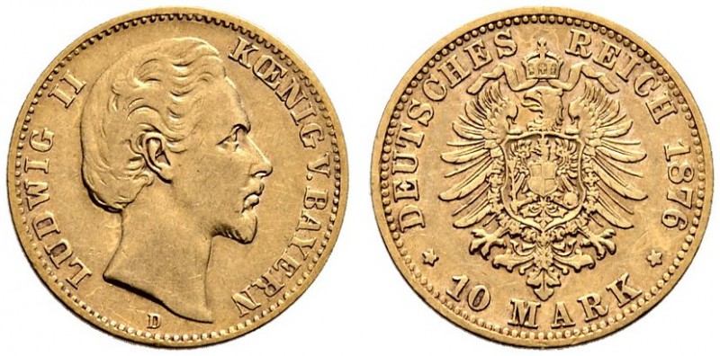 Reichsgoldmünzen. Bayern. Ludwig II. 1864-1886. 10 Mark 1876 D. J. 196. sehr sch...