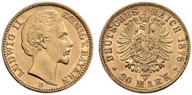 Reichsgoldmünzen. Bayern. Ludwig II. 1864-1886. 20 Mark 1876 D. J. 197. minimale Kratzer, sehr schön-vorzüglich