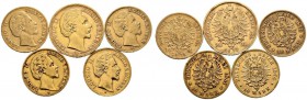 Reichsgoldmünzen. Bayern. Ludwig II. 1864-1886. Lot (5 Stücke): 10 Mark 1872, 1874, 1875 und 1881 sowie 20 Mark 1872 (J. 193,194,196). kleine Kratzer ...