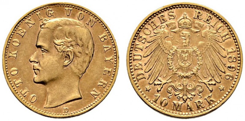 Reichsgoldmünzen. Bayern. Otto 1886-1913. 10 Mark 1896 D. J. 199. kleine Randfeh...