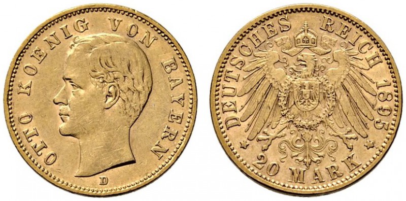 Reichsgoldmünzen. Bayern. Otto 1886-1913. 20 Mark 1895 D. J. 200. minimale Randf...