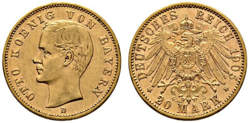 Reichsgoldmünzen. Bayern. Otto 1886-1913. 20 Mark 1905 D. J. 200. kleine Kratzer...