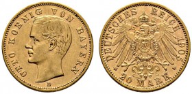 Reichsgoldmünzen. Bayern. Otto 1886-1913. 20 Mark 1905 D. J. 200. kleine Kratzer, sehr schön-vorzüglich