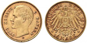 Reichsgoldmünzen. Bayern. Otto 1886-1913. 10 Mark 1903 D. J. 201. leichte Goldtönung, minimale Kratzer auf dem Avers, vorzüglich
