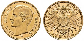 Reichsgoldmünzen. Bayern. Otto 1886-1913. 10 Mark 1905 D. J. 201. Prachtexemplar, fast Stempelglanz aus polierten Stempeln