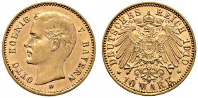 Reichsgoldmünzen. Bayern. Otto 1886-1913. 10 Mark 1910 D. J. 201. winzige Kratzer, vorzüglich