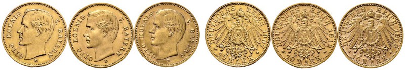 Reichsgoldmünzen. Bayern. Otto 1886-1913. Lot (3 Stücke): 10 Mark 1903, 1907 und...