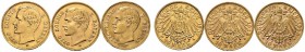 Reichsgoldmünzen. Bayern. Otto 1886-1913. Lot (3 Stücke): 10 Mark 1903, 1907 und 1912 (J. 201). mit leichten Fehlern (Rand bearbeitet, Kratzer, stärke...