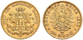 Reichsgoldmünzen. Hamburg. 20 Mark 1880 J. J. 210. leichte Kratzer und Randfehler, sehr schön