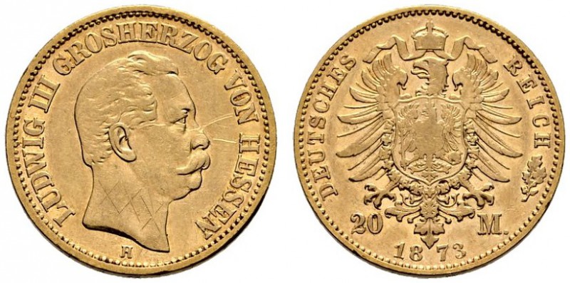 Reichsgoldmünzen. Hessen. Ludwig III. 1848-1877. 20 Mark 1873 H. J. 214. Kratzer...