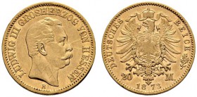 Reichsgoldmünzen. Hessen. Ludwig III. 1848-1877. 20 Mark 1873 H. J. 214. Kratzer auf dem Avers, sehr schön/schön-sehr schön