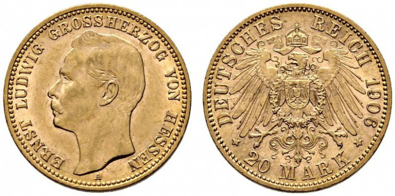 Reichsgoldmünzen. Hessen. Ernst Ludwig 1892-1918. 20 Mark 1906 A. J. 226. minima...