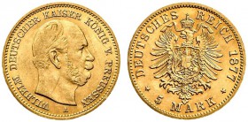 Reichsgoldmünzen. Preußen. Wilhelm I. 1861-1888. 5 Mark 1877 A. J. 244. kleine Kratzer auf dem Avers, vorzüglich