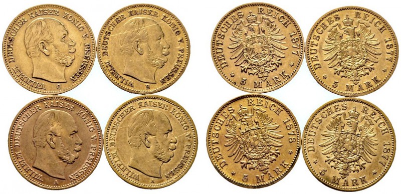 Reichsgoldmünzen. Preußen. Wilhelm I. 1861-1888. Lot (4 Stücke): 5 Mark 1877 A, ...