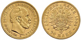 Reichsgoldmünzen. Preußen. Wilhelm I. 1861-1888. 20 Mark 1884 A. J. 246. winzige Randfehler, gutes sehr schön