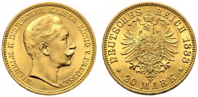 Reichsgoldmünzen. Preußen. Wilhelm II. 1888-1918. 20 Mark 1888 A. J. 250. selten in dieser Erhaltung, vorzüglich-prägefrisch