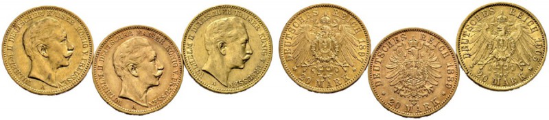 Reichsgoldmünzen. Preußen. Wilhelm II. 1888-1918. Lot (3 Stücke): 20 Mark 1889, ...