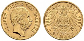 Reichsgoldmünzen. Sachsen. Albert 1873-1902. 20 Mark 1894 E. J. 264. kleine Randfehler, fast vorzüglich