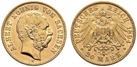 Reichsgoldmünzen. Sachsen. Albert 1873-1902. 20 Mark 1894 E. J. 264. (wohl prägebedingter) Randfehler, sonst vorzüglich