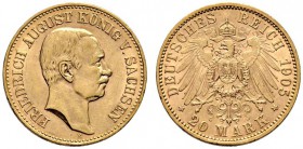 Reichsgoldmünzen. Sachsen. Friedrich August III. 1904-1918. 20 Mark 1905 E. J. 268. fast vorzüglich
