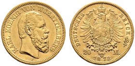 Reichsgoldmünzen. Württemberg. Karl 1864-1891. 20 Mark 1872 F. J. 290. minimale Randfehler, sehr schön-vorzüglich/vorzüglich