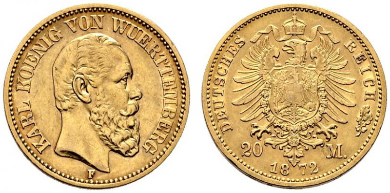 Reichsgoldmünzen. Württemberg. Karl 1864-1891. 20 Mark 1872 F. J. 290. sehr schö...