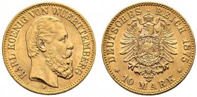 Reichsgoldmünzen. Württemberg. Karl 1864-1891. 10 Mark 1875 F. J. 292. minimale Kratzer auf dem Avers, vorzüglich