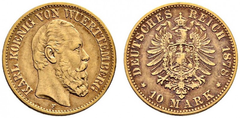 Reichsgoldmünzen. Württemberg. Karl 1864-1891. 10 Mark 1878 F. J. 292. Goldtönun...